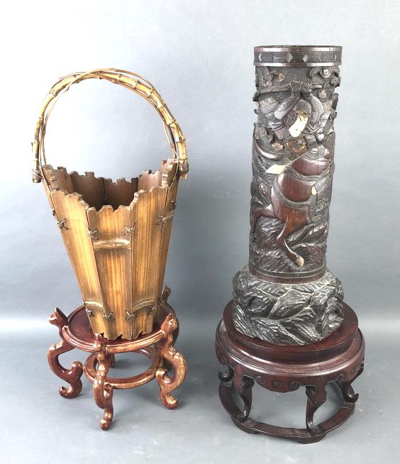 Japanese Carved Wood Basket: Japanese Carved Wood Basket . Together with Japanese carved trunk on stand. Trunk is 17 3/4" Condition - some loss of wood, some cracks, scratches and scuffs