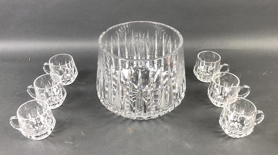 Crystal Punch Bowl & 6 Cups: Crystal Punch Bowl & 6 Cups. Cups signed Gorham. Punch bowl is 7 1/2"h x 9 1/4"diam. Condition - good