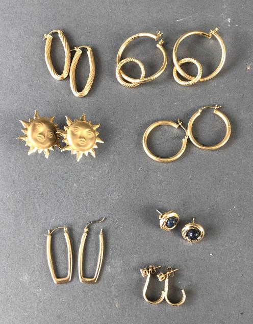 Group of 7 Pairs of 14 K Gold Earrings: Group of 7 Pairs of 14 K Gold Earrings. Total approx.14 DWT all in. Condition - light wear, one earring back missing, light wear