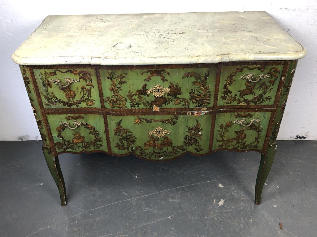 Louis XV Chinoiserie & Marbletop Commode: Louis XV Chinoiserie & Marbletop Commode. 34"h x 43 3/4"w x 32"d. Condition, painted marble, some loss of veneer, cracks, chipped chinoiserie and paint