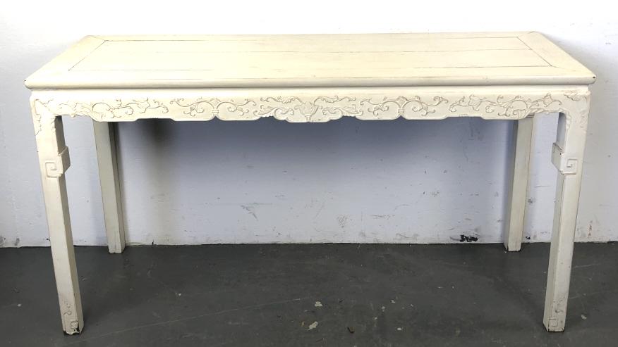 Georgian Style Carved Wood & Painted Console: Georgian Style Carved Wood & Painted Console . 34"h x 63 1/4"w x 23"d. Condition, some wear to paint, scratches and scuffs, some cracks