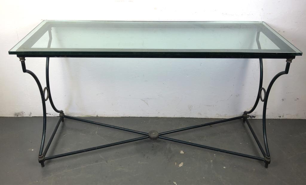 Neoclassical Style Green Metal & Glass Console: Neoclassical Style Green Metal & Glass Console. 32"h x 60"w x 23"d. Condition, some scratches and chips to paint, two chips to corners of glass, needs cleaning
