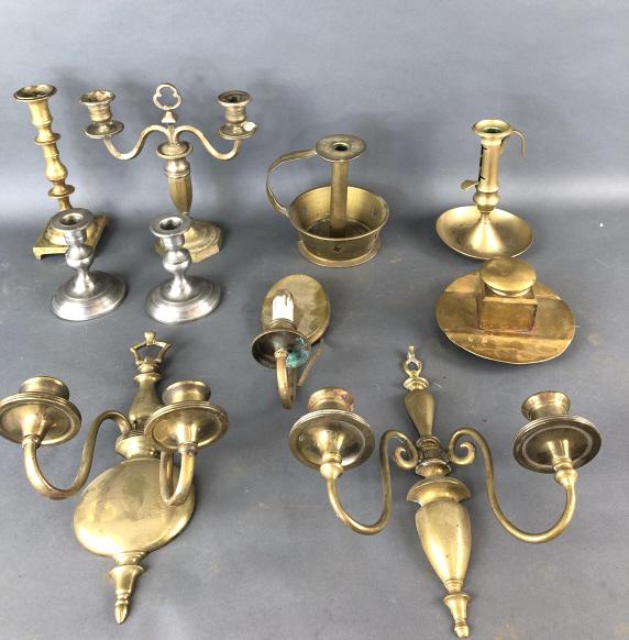 Lot of Brass and Pewter Candlesticks and Sconces (1 of 6)
