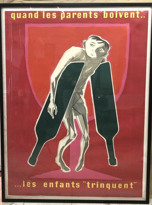 Bernard Villemot Poster: Bernard Villemot Poster. "quand les parents boivent... les enfants trinquent" Overall size is 39" x 47" Condition, plexi glass needs cleaning, some dirt under glass, Some tack holes and creases, stain