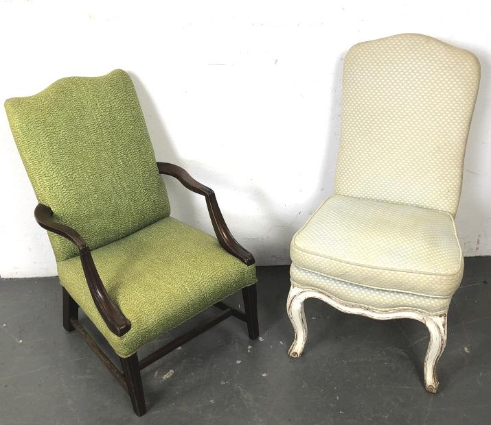 Georgian Mahogany Childs Library Chair.: Georgian Mahogany Childs Library Chair. Together with Louis XV slipper chair. Tallest is 34 1/2" Condition, scratches and scuffs, some stains to fabric, slipper chair needs tightening