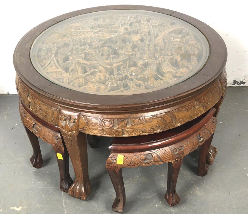 Asian Style Carved Wood Table and Stools (1 of 4)