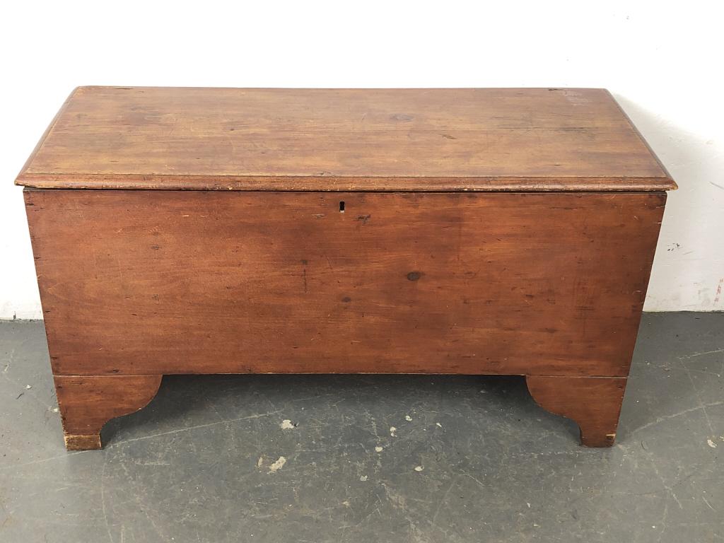 19th C. Stained Wood Blanket Chest: 19th C. Stained Wood Blanket Chest. 24"h x 44 1/2"w x 18"d. Condition, wear to finish, old repairs, scratches and scuffs, chips