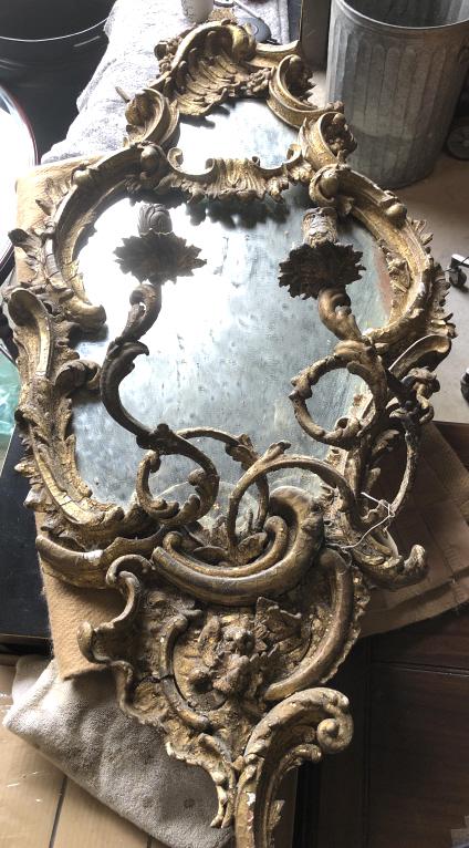 19th C. Rococo Giltwood and Gesso Girandole: 19th C. Rococo Giltwood and Gesso Girandole. 51"h x 25"w. Condition , as is, in need of restoration, chipped gesso , missing pieces, etc