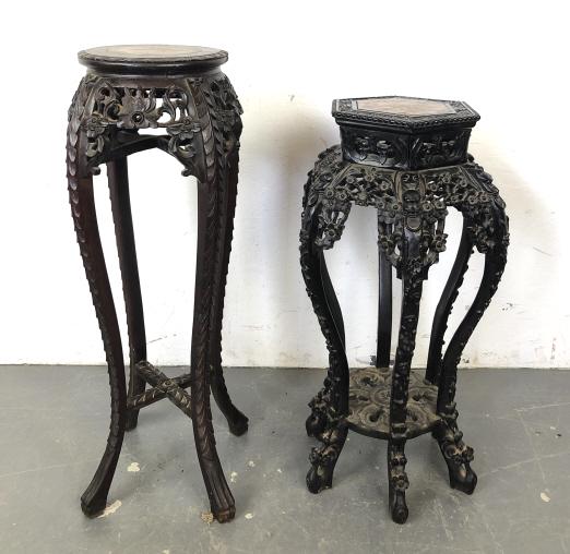 2 Asian Wood & Marble Carved Plant Stands (1 of 8)
