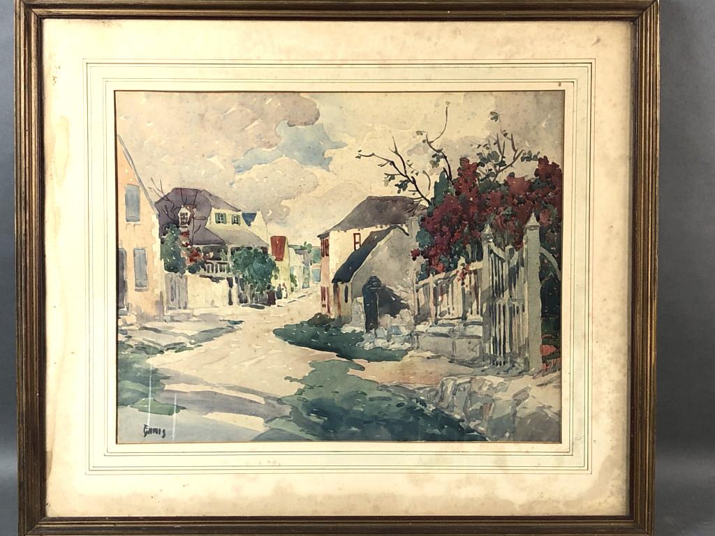 George Pearse Ennis (American, 1884-1936): George Pearse Ennis (American, 1884-1936) Watercolor of street scene , signed (LL) Sight is 15 1/4" x 19 1/4" Condition, stained matting , dirt behind glass, some foxing