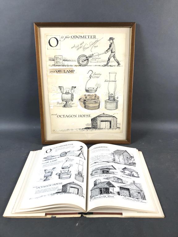 Original Drawing by Eric Sloane: Original Drawing by Eric Sloane. Together with ABC book of Early Americana. Signed and inscribed by Eric Sloane, 1964 Image sight is 15 3/4" x 12" Condition, some pieces pasted on, some staining to im