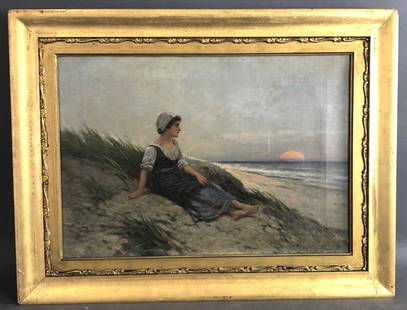 Edward Percy Moran (American, 1862–1935): Edward Percy Moran (American, 1862–1935) Dutch Girl at Seashore. Signed (LR) Oil on canvas Sight is 19 1/2" x 13 1/2" Condition, scratches and scuffs, and chips to corners of frame. Painting nee