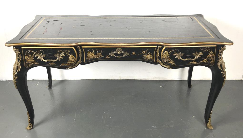 Louis XV Style Chinoiserie Bureau Plat: Louis XV Style Chinoiserie Bureau Plat. Manufactured by Karges. 30"h x 60"w x 28 1/4" Condition, worn and scratched leather, some wear to finish, some chips, scratches and scuffs