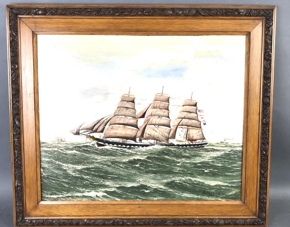 Ship Painting: Ship Painting. Oil on board signed P. Nortier, 1927 Sight is 17 1/2"x 21" Condition, some bowing to board, scratches amd scuffs