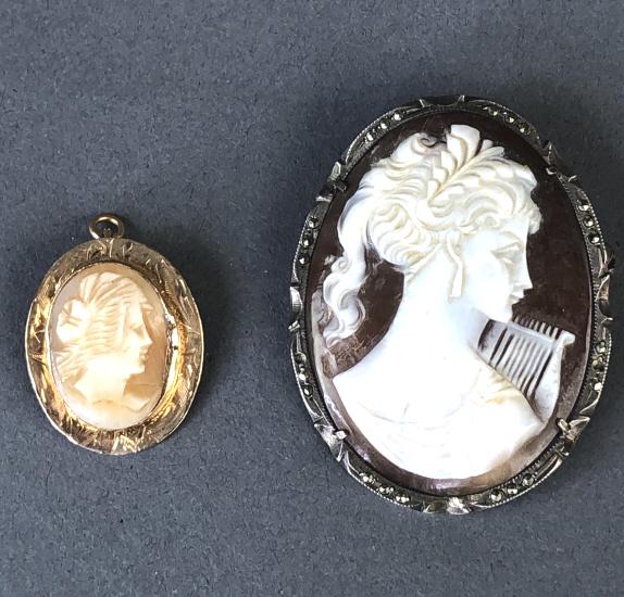 14 K Gold Cameo and 800 Silver Cameo: 14 K Gold Cameo and 800 Silver Cameo. Largest is 1 3/4" Condition, needs cleaning, some bent metal