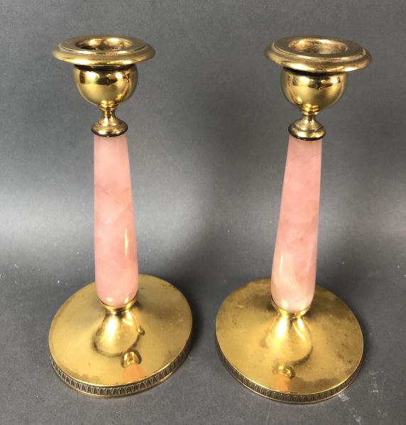 PR of Vermeil Sterling & Rose Quartz Candlesticks: PR of Vermeil Sterling & Rose Quartz Candlesticks. 7 1/4"h x 3 1/2" diam. Condition,some light scratches to gold plate, needs polishing, hallmark on bottom