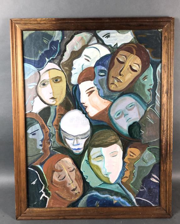 Art Deco Style Painting of Faces: Art Deco Style Painting of Faces. Signed Pearl Paoli Meier ? Sight is 25 1/2" x 19 1/2" Condition, needs cleaning , some scratches and scuffs, some chipped paint