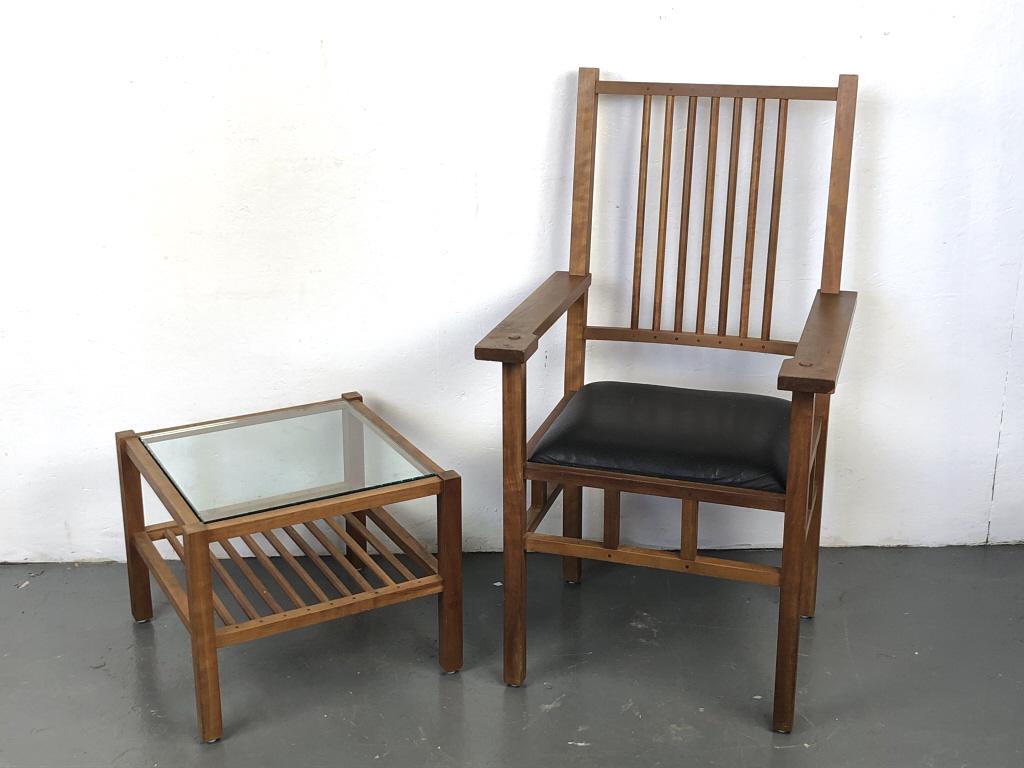 Bench Made Contemporary Cherrywood Table & Chair: Bench Made Contemporary Cherrywood Table & Chair . Chair is 43"h x 24"w x 21"d. Condition, some scratches and scuffs, wear to finish, chip to glass top, some chips to wood