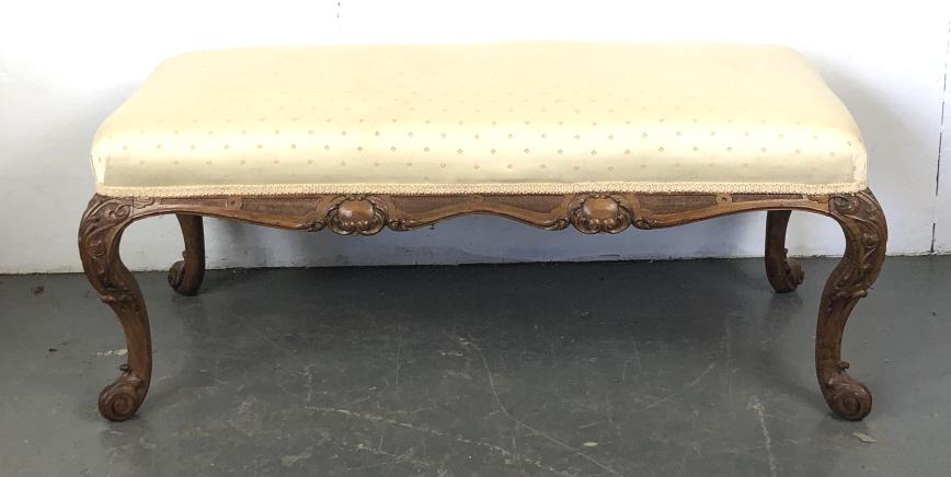 Georgian Style Bench: Georgian Style Bench . 18"h x 42"w x 18"d. Condition, some stains to fabric, some scratches and scuffs to wood, some cracks to wood