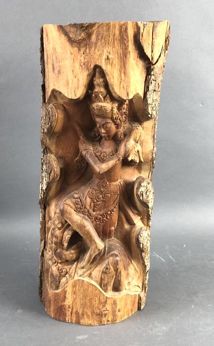 Korean Wood Carving from Tree: Korean Wood Carving from Tree. 18 3/4' h x 8 1/2"w x 8 3/4"d. Condition, some loose and missing bark, needs dusting, some cracks on to and bottom