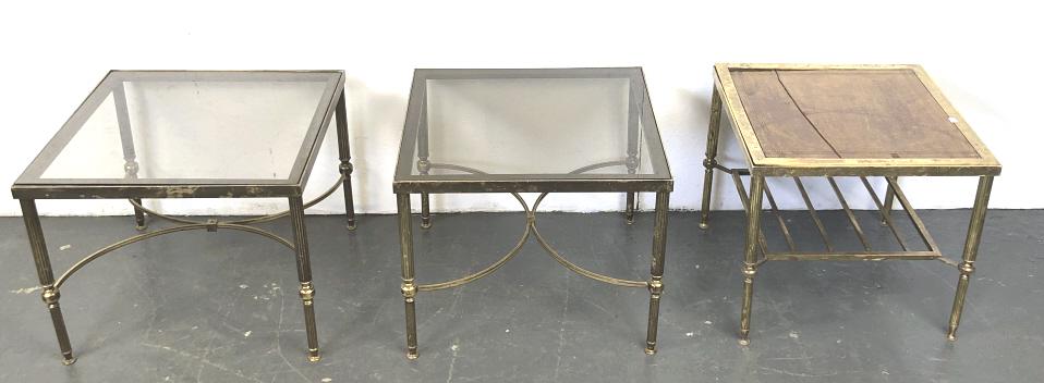 Pair of Brass and Glass Sidetables: Pair of Brass and Glass Sidetables. Together with brass and wood sidetable. Pair are 16"h x 20 1/4" square. Condition, some scratches and scuffs, chips and scratches to lacquer,crack to wood top