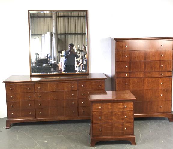 4 Piece Fruitwood Bedroom Set: 4 Piece Fruitwood Bedroom Set. Manufactured by Collingwood. Comprising of tall chest, long chest, bedside cabinet and mirror. Tall chest is 58 1/2"h x 41 3/4" x 19"d. Condition, some scratches and scu