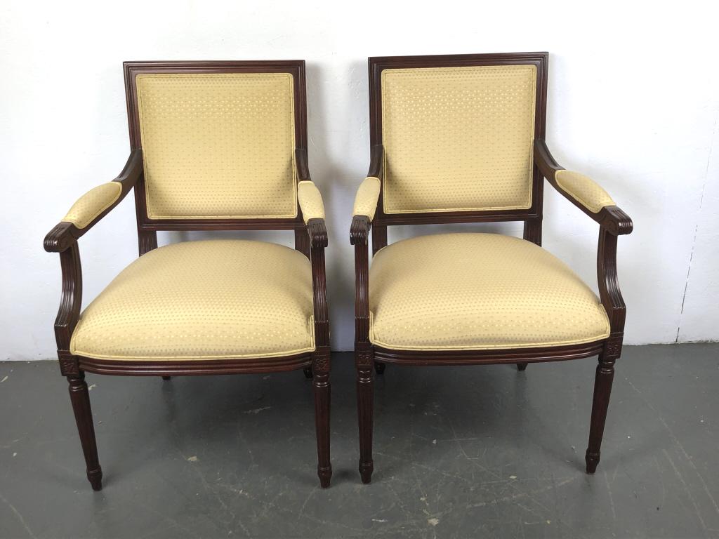 Pair of Louis XVI Upholstered Fauteuils: Pair of Louis XVI Upholstered Fauteuils. 38"h x 25"w x 23"d. Condition, some scratches and scuffs, light wear