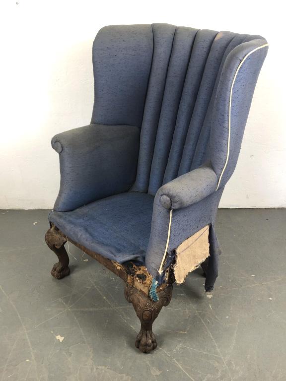 Antique Mahogany Harry Paw Wingback Armchair: Antique Mahogany Harry Paw Wingback Armchair . 42"h x 31"w x 32"d. Condition, needs re-upholstering