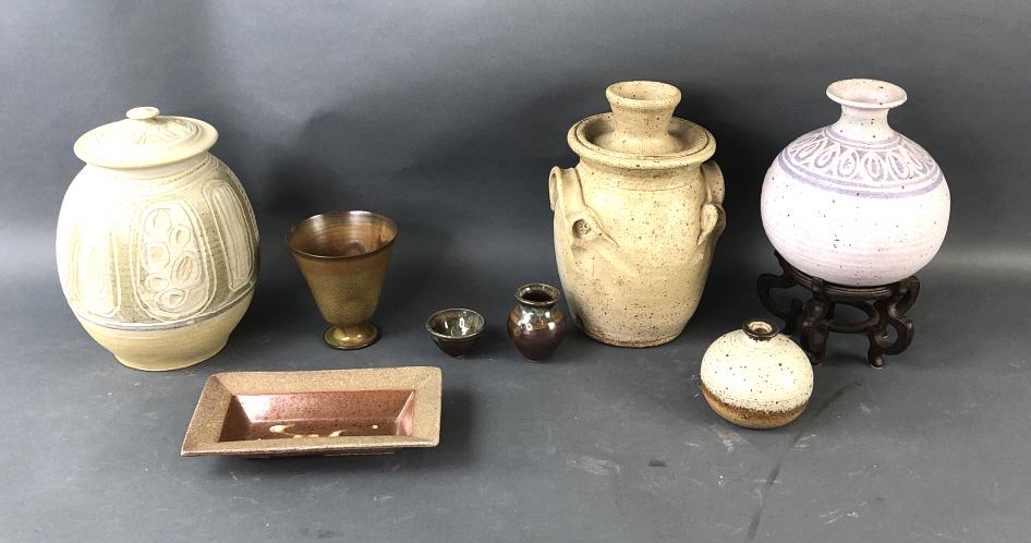 Rising Fawn Pottery Cookie Jar: Rising Fawn Pottery Cookie Jar. Together with Tingkeramik Denmark bud vase, Joan Shaw vase , etc. Fawn pottery is 10 1/4"h x 8" diam. Condition, chip to rim of Danish vase, old repair to one vase