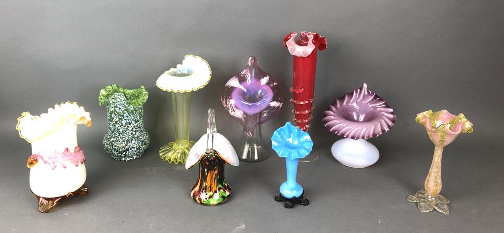 Group of Art Glass Vases: Group of Art Glass Vases. Tallest is 11 3/4"h x 3 1/4" diam. Condition, needs cleaning, some light scratches, minor chip to purple and white glass vase