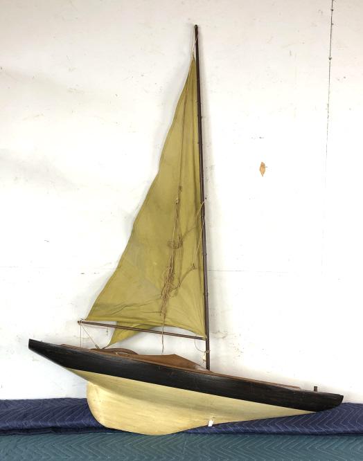 Wooden Sail / Pond Boat: Wooden Sail / Pond Boat 52"h x 40"w x 9"d. Condition, missing lower beam for one sail, damaged on bottom, chips, broken strings, stains, as is, overall wear