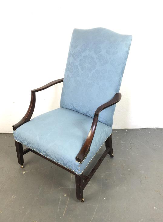 Federal Mahogany and Upholstered Armchair: Federal Mahogany and Upholstered Armchair. 41 1/2"h x 25 1/2"w x 27"d. Condition, some scratches and scuffs, wear to legs