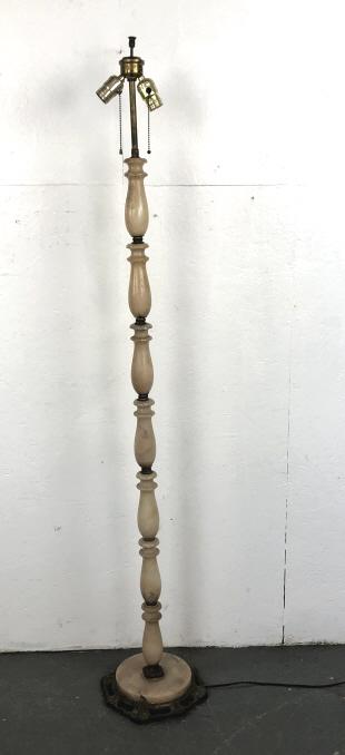 Alabaster Floor Lamp: Alabaster Floor Lamp. 60"h overall x 10" diam. Condition, untested, scratches and scuffs, tarnished metal, some chips, tape residue