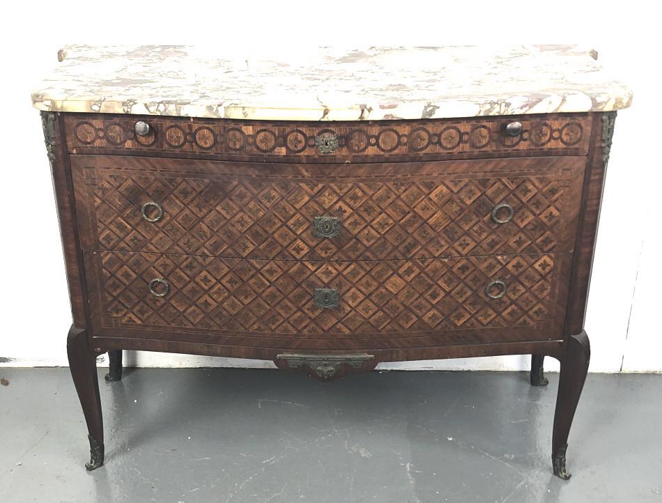 Louis XV Style Marquetry & Marbletop Commode: Louis XV Style Marquetry & Marbletop Commode. Early 20th Century. 37 1/2"h x 51"w x 20 1/2"d. Condition, some veneer loss , old repair to marble