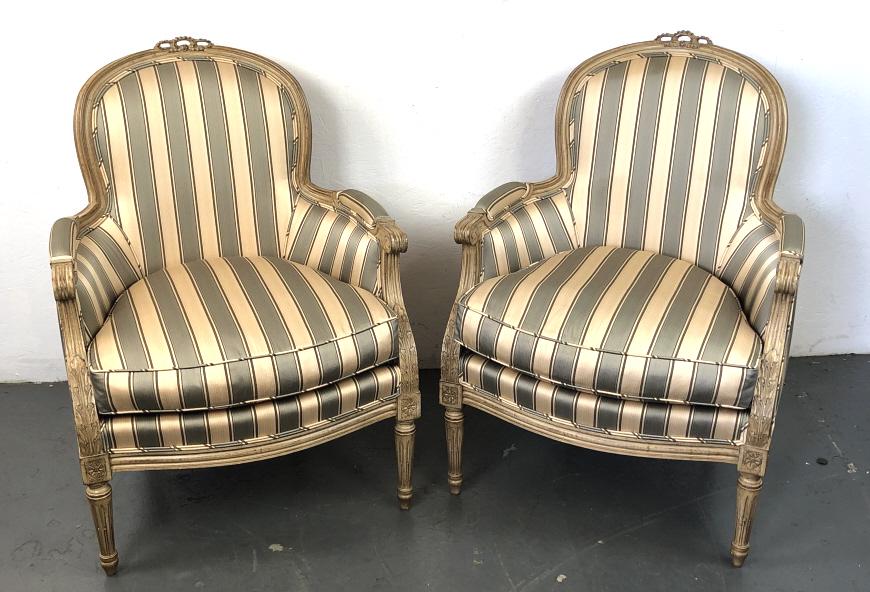 Pair of Louis XVI Style Upholstered Bergeres: Pair of Louis XVI Style Upholstered Bergeres. 38"h x 28"w x 28 1/2"d. Condition, some scratches and scuffs