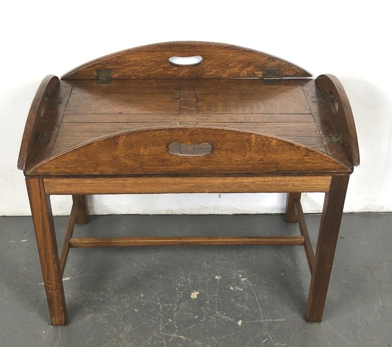 Oak Butler's Tray on Stand: Oak Butler's Tray on Stand. Surface height is 19"h x 29"w x 18"d. Condition, some wear to finish, scratches and scuffs