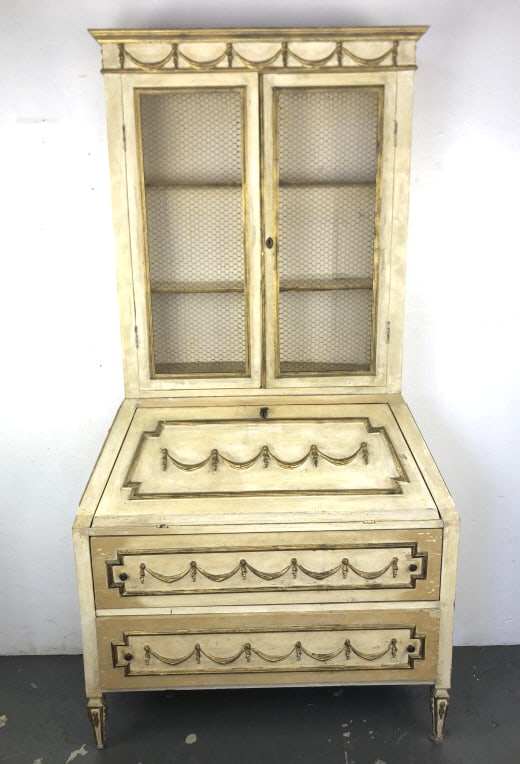 Florentine Cream & Gilt Slant Front Bookcase: Florentine Cream & Gilt Slant Front Bookcase. 81"h x 42 1/2"w x 16 1/4"d. 2 pieces for easy transport. Condition, some chipped paint, some flaked paint, needs cleaning