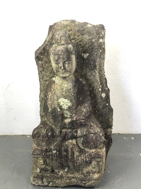 Asian Carved Granite Buddha: Asian Carved Granite Buddha.. 18th / 19th Century. 29 1/4"h x 18"w x 11"d. Condition, some chips to stone, weathered patina