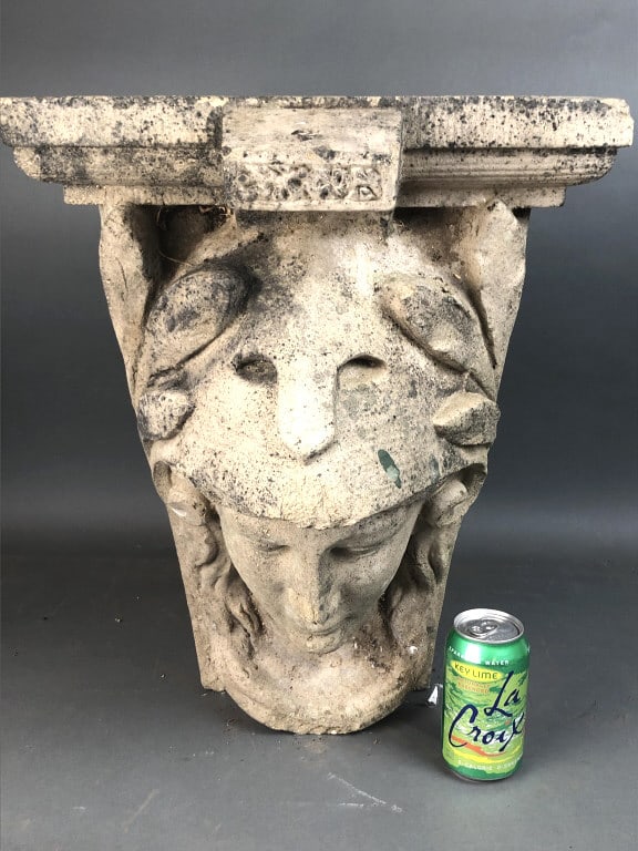 Figural Cement Element of Athena: 20"h x 16 1/4"w x 13 3/4"d. Condition, chips to cement on nose, helmet and base. One splash of household paint
