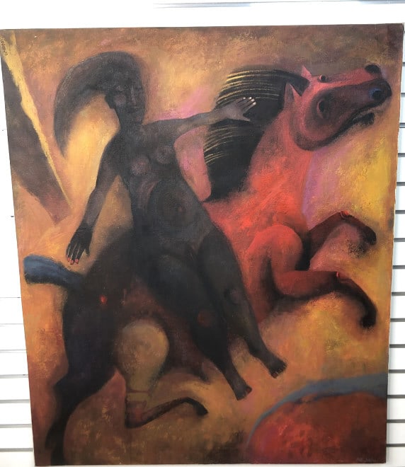 Ana Juan (Spanish - 20th Century): Ana Juan (Spanish - 20th Century)"Nocturnal" 47 1/4"h x 39 1/4"w. Oil on canvas signed (LR) dated 93. Condition, goodProvenance: from the Estate of Michael Lang - Co-founder of the Woodstock Music Fes