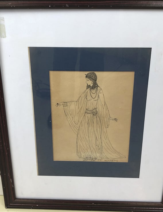 Joan de Brush: Joan de Brush. Sign and dated April 15, 1928. Lady in Art Deco Dress. Sight is 9 1/2" x 7 1/2" Condition, some stains, some scratches and scuffs to frame.