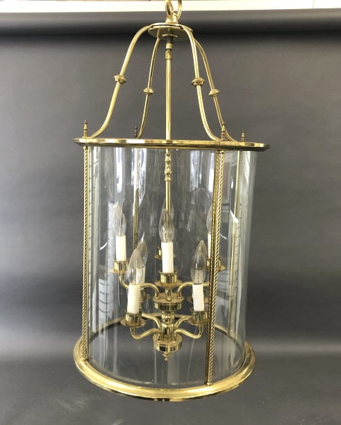Georgian Style Gold Tone Hall Lantern: Georgian Style Gold Tone Hall Lantern. 31 1/2"h x 16" diam. Condition, untested