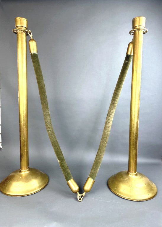 Pair of 2 Brass Stanchions & Green Velvet Ropes: Pair of 2 Brass Stanchions & Green Velvet Ropes..Provenance: Shubert Theatre, New Haven, CT.Manufactured by LawrenceStanchions are 38 1/2"h x 12" diam.Condition, some scratches and scuffs, some wear a