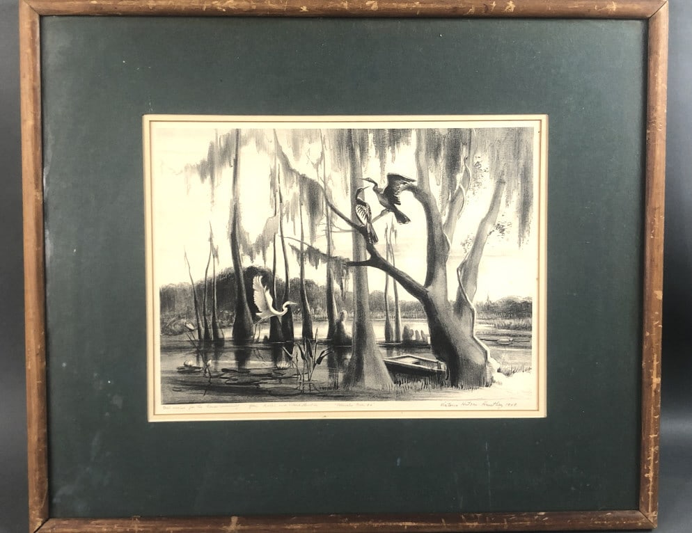 Victoria Hutson Huntley (1900-1971): Victoria Hutson Huntley (1900-1971)Signed (LR) Dated 1949."Oklawaha River"Sight is 15 1/4" x 11 1/2"Condition, scratches and scuffs to frame , some dirt behind glass, some stains to matting