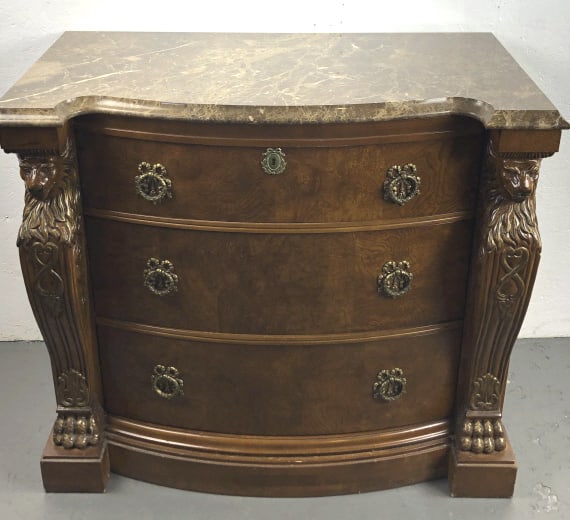 Bernhardt Neoclassical Style Marble Chest: Bernhardt Neoclassical Style Marble Chest. 35"h x 40 1/4"w x 20 1/2"d. Condition, some scratches and scuffs, chipped veneer to base
