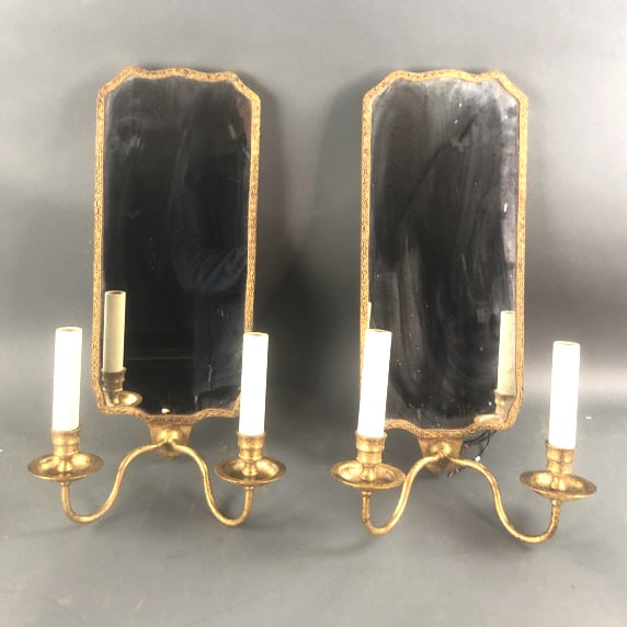 Pair of Gilt Wood & Metal Mirrorback Wall Sconces (1 of 4)