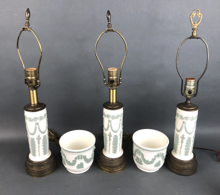 Group of 5 Wedgwood Articles: Group of 5 Wedgwood Articles. Including 3 lamps and 2 cache pots. Lamps are 15 1/4" to top of light socket. Condition, untested
