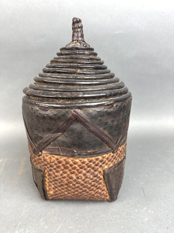 West African Leather & Rattan Nest of Baskets (1 of 5)