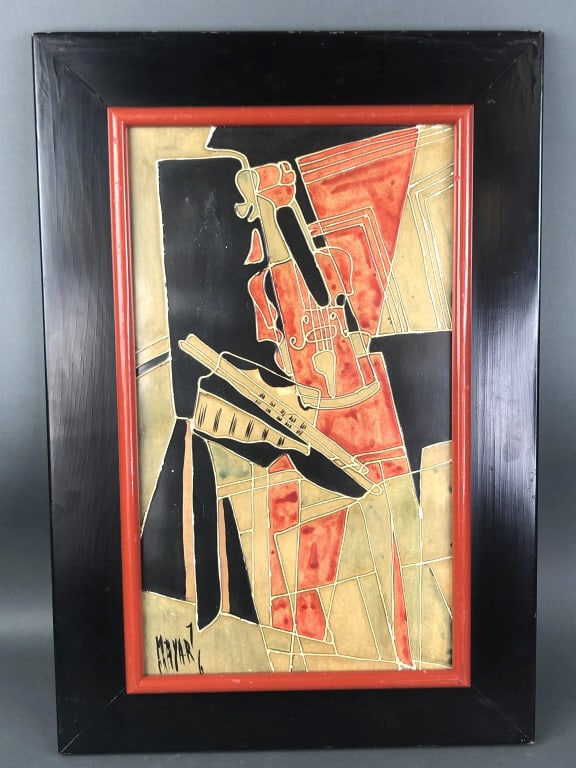 Cubist Style Mixed Media Painting: Cubist Style Mixed Media Painting. Signed (LR) Mayar ? 19 1/4" x 11" sight. Condition, some chipped paint, overall wear to frame