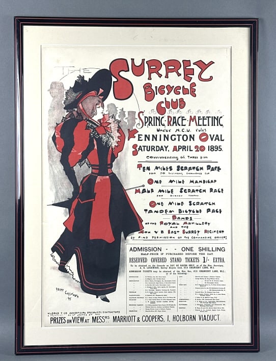 Surrey Bicycle Club Poster: Surrey Bicycle Club Poster . Frank Chesworth. Frame is 26 1/4" x 35 3/4" Sight is 20" x 30" Condition, some marks on poster, some marks on poster , some marks on matting.